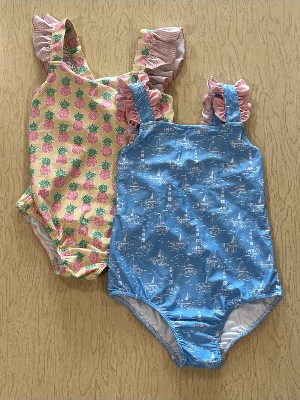 Girls One-Piece Swimsuits — Pink Pineapple & Blue Sailboat Bundle